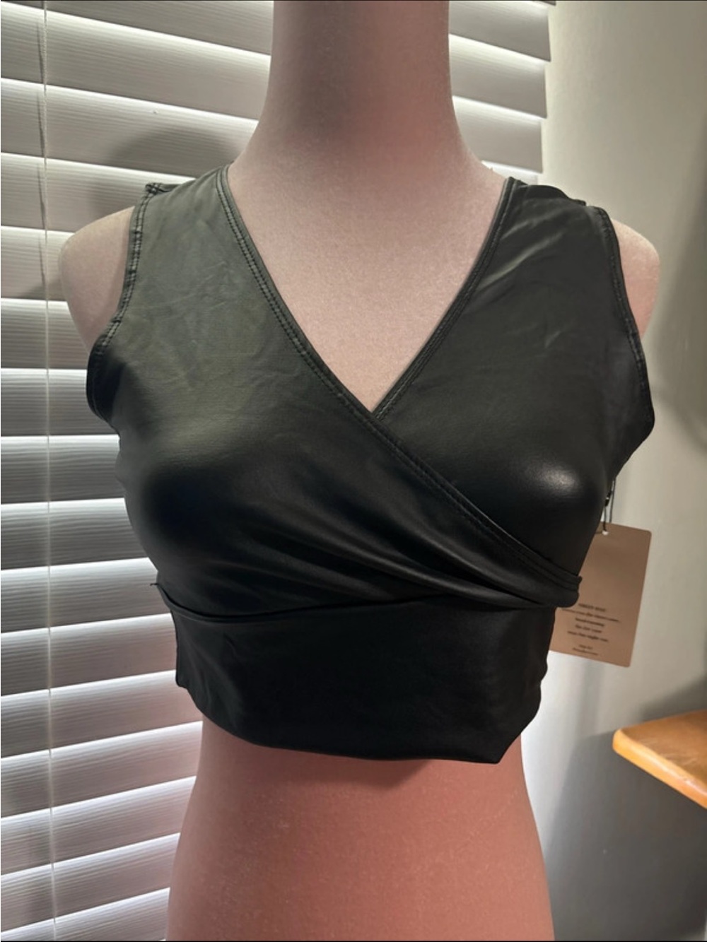 V-Neck Faux Leather Crop Top in Black